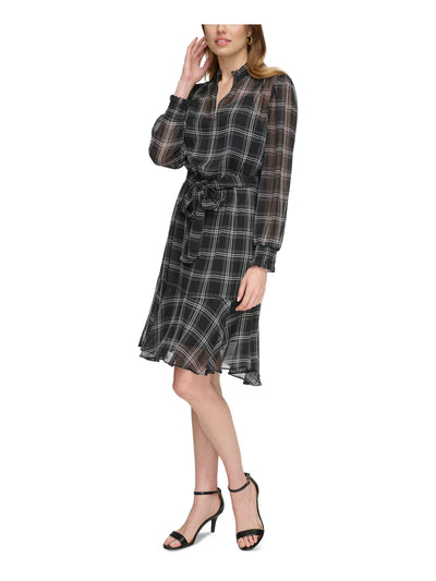 TOMMY HILFIGER Womens Black Ruffled Lined Smocked Cuffs Self-tie Belt Plaid Blouson Sleeve Split Knee Length Wear To Work Fit + Flare Dress 10