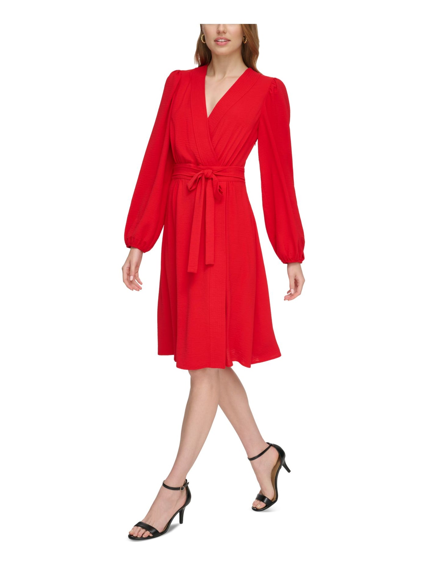 TOMMY HILFIGER Womens Red Zippered Textured Attached Tie Belt Blouson Sleeve Surplice Neckline Midi Wear To Work Faux Wrap Dress 8