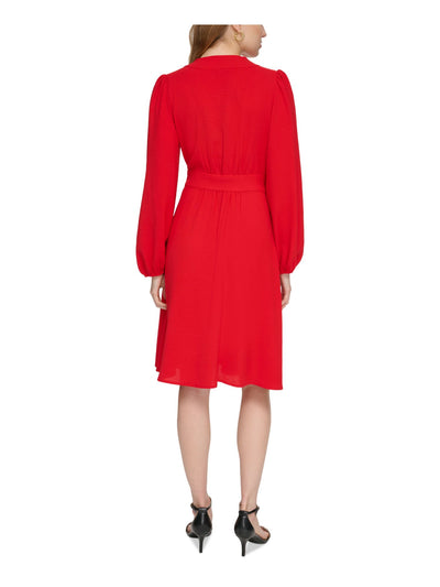 TOMMY HILFIGER Womens Red Zippered Textured Attached Tie Belt Blouson Sleeve Surplice Neckline Midi Wear To Work Faux Wrap Dress 10