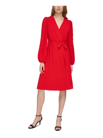 TOMMY HILFIGER Womens Red Zippered Textured Attached Tie Belt Blouson Sleeve Surplice Neckline Midi Wear To Work Faux Wrap Dress 10