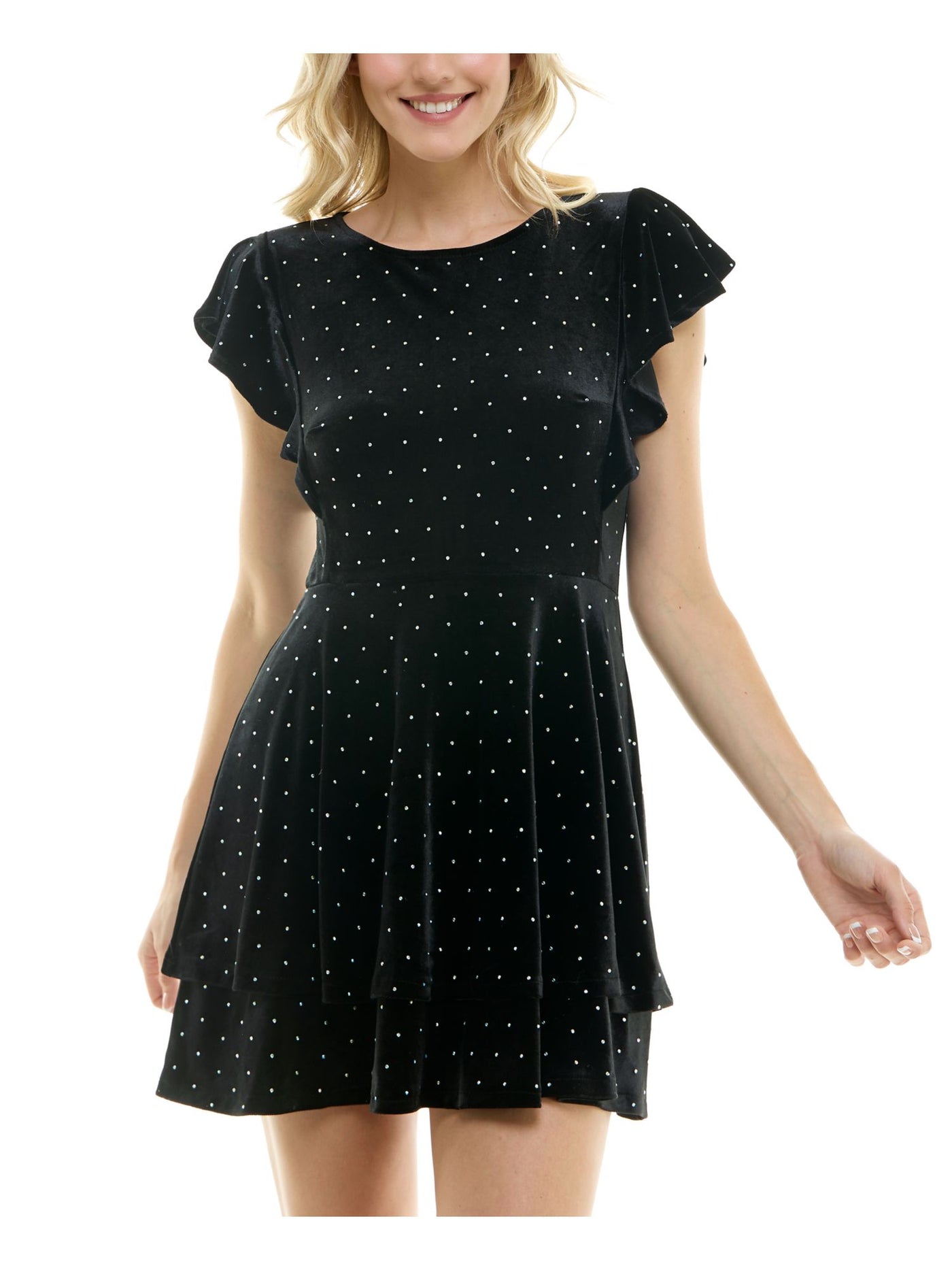 CRYSTAL DOLLS Womens Black Zippered Rhinestone Tiered Unlined Flutter Sleeve Boat Neck Short Cocktail Fit + Flare Dress Juniors XS