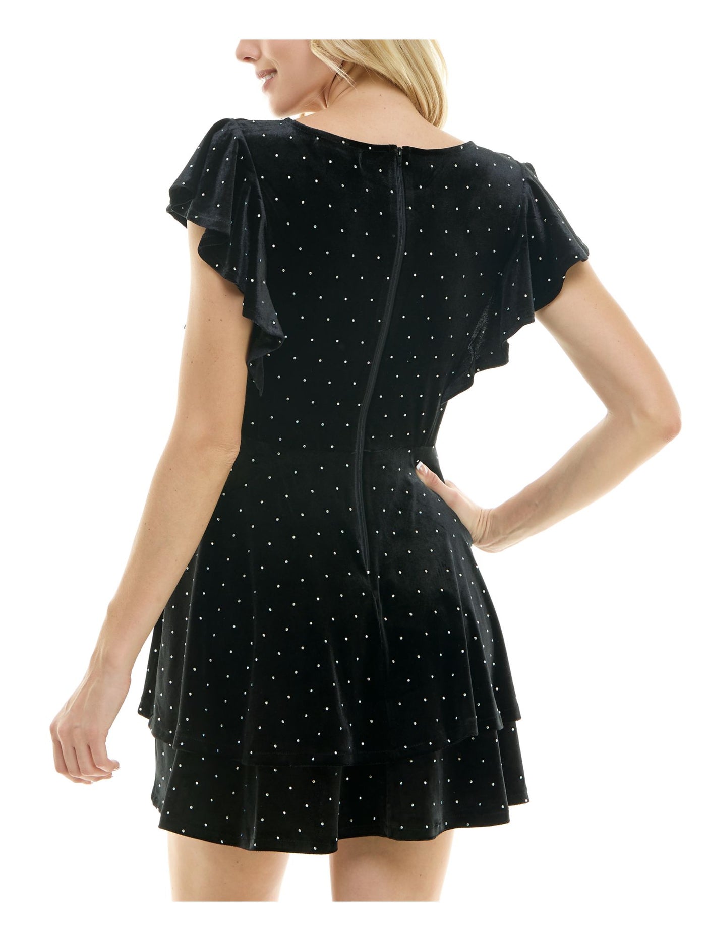 CRYSTAL DOLLS Womens Black Zippered Rhinestone Tiered Unlined Flutter Sleeve Boat Neck Short Cocktail Fit + Flare Dress Juniors XS