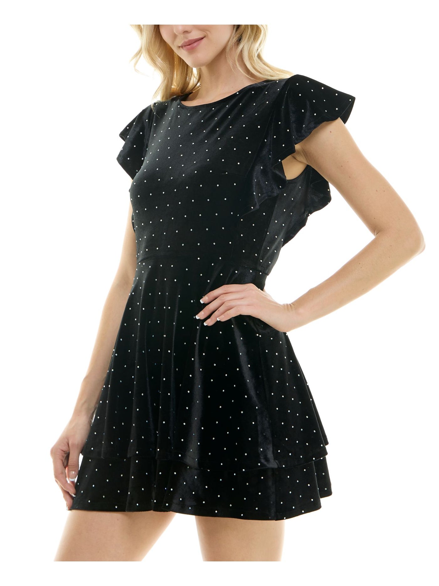 CRYSTAL DOLLS Womens Black Zippered Rhinestone Tiered Unlined Flutter Sleeve Boat Neck Short Cocktail Fit + Flare Dress Juniors XS