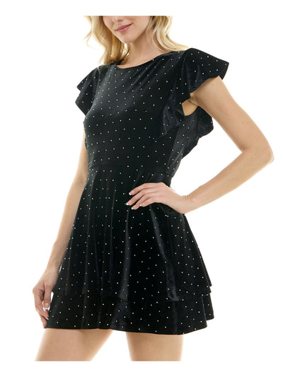 CRYSTAL DOLLS Womens Black Zippered Rhinestone Tiered Unlined Flutter Sleeve Boat Neck Short Cocktail Fit + Flare Dress Juniors XS