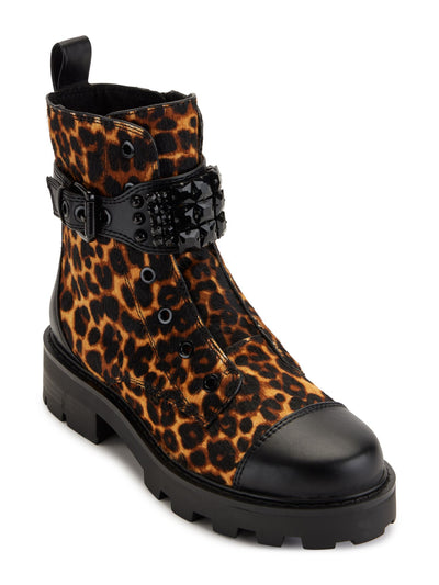 KARL LAGERFELD PARIS Womens Brown Animal Print Embellished Buckled Ankle Strap Heel Pull-Tab Padded Lug Sole Maeva Cap Toe Zip-Up Combat Boots 7 M