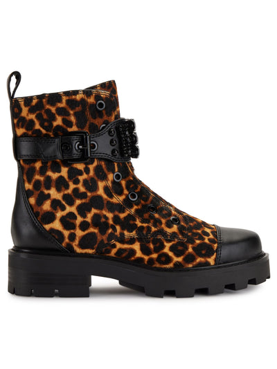 KARL LAGERFELD PARIS Womens Brown Animal Print Embellished Buckled Ankle Strap Heel Pull-Tab Padded Lug Sole Maeva Cap Toe Zip-Up Combat Boots 7 M