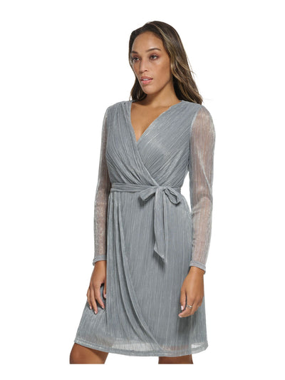 DKNY Womens Gray Zippered Lined Self-tie Belt Long Sleeve Surplice Neckline Above The Knee Party Sheath Dress 12
