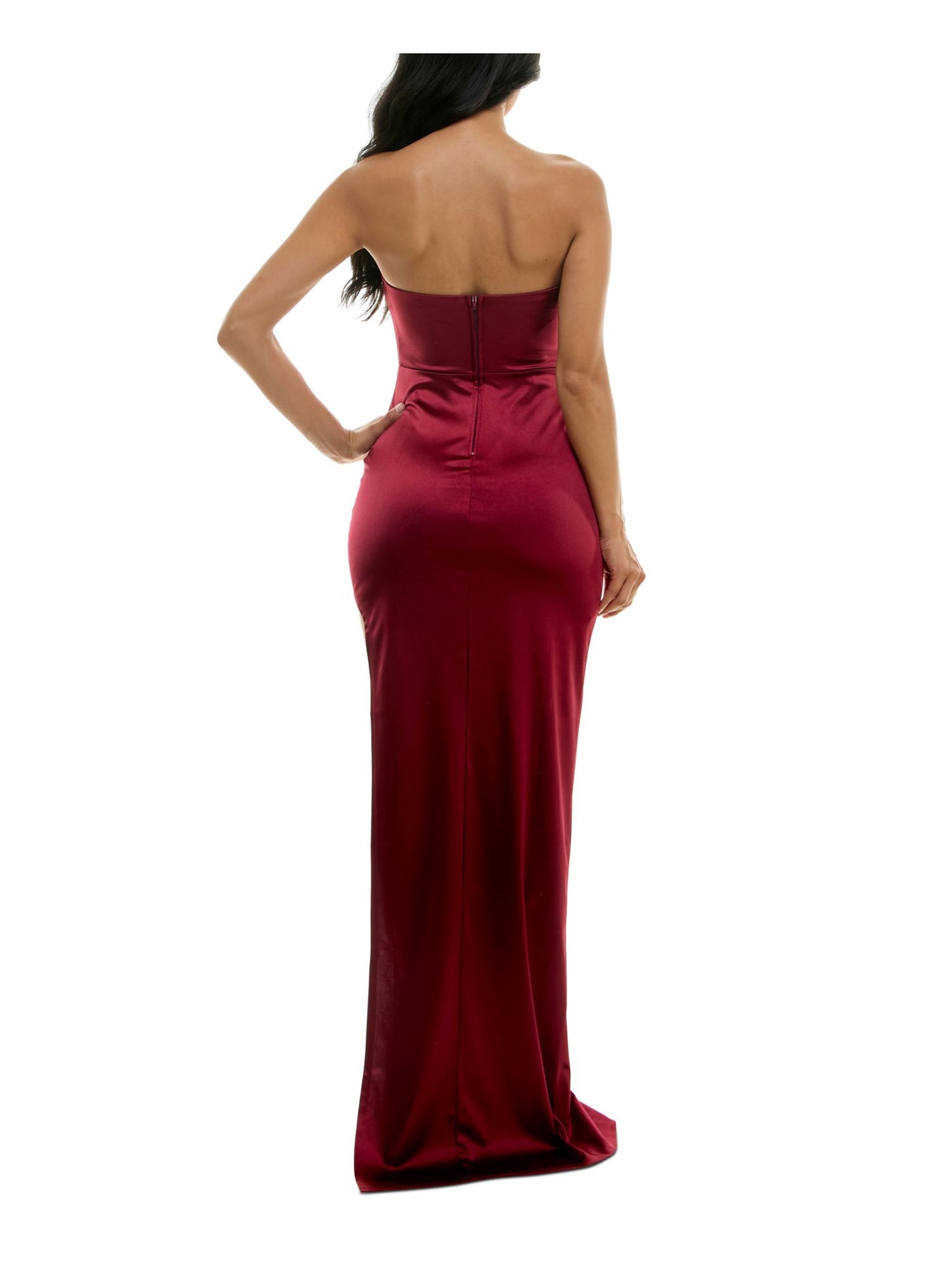 EMERALD SUNDAE Womens Burgundy Cut Out Zippered V-notch Neck Bow Detail Slitted Sleeveless Full-Length Formal Gown Dress Juniors S