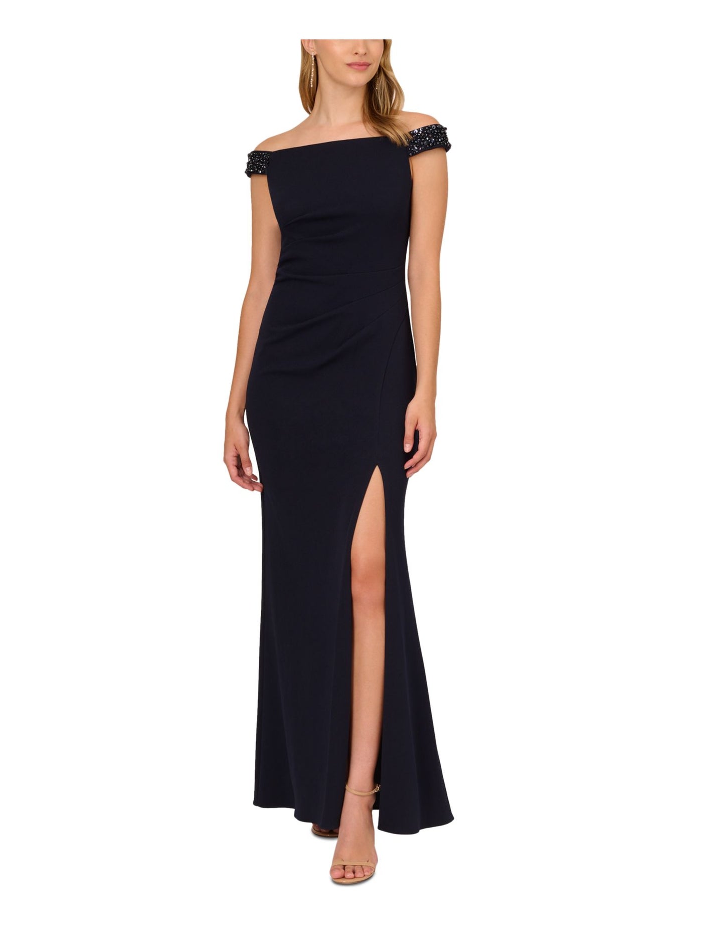 ADRIANNA PAPELL Womens Navy Embellished Zippered Slitted Pleated Lined Short Sleeve Off Shoulder Full-Length Evening Gown Dress 6