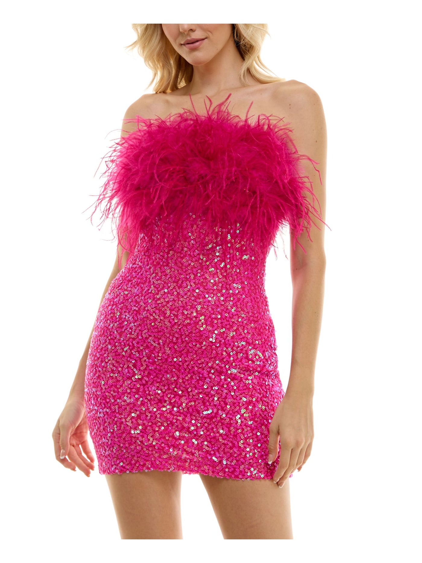 B DARLIN Womens Pink Zippered Lined Feathered Sleeveless Strapless Mini Party Body Con Dress Juniors XXS