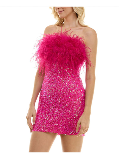 B DARLIN Womens Pink Zippered Lined Feathered Sleeveless Strapless Mini Party Body Con Dress Juniors XXS