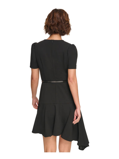 DKNY Womens Black Belted Zippered Asymmetrical Hem Tiered Short Sleeve Round Neck Above The Knee Cocktail Fit + Flare Dress 8