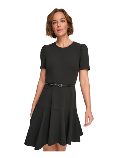 DKNY Womens Black Belted Zippered Asymmetrical Hem Tiered Short Sleeve Round Neck Above The Knee Cocktail Fit + Flare Dress 8