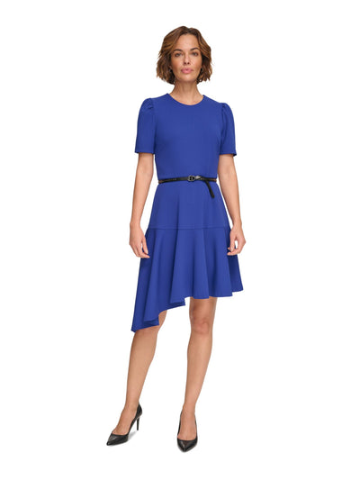 DKNY Womens Blue Zippered Belted Ruffled Asymmetric Hem Short Sleeve Round Neck Below The Knee Party Sheath Dress 2