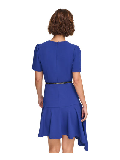 DKNY Womens Blue Zippered Belted Ruffled Asymmetric Hem Short Sleeve Round Neck Below The Knee Party Sheath Dress 12