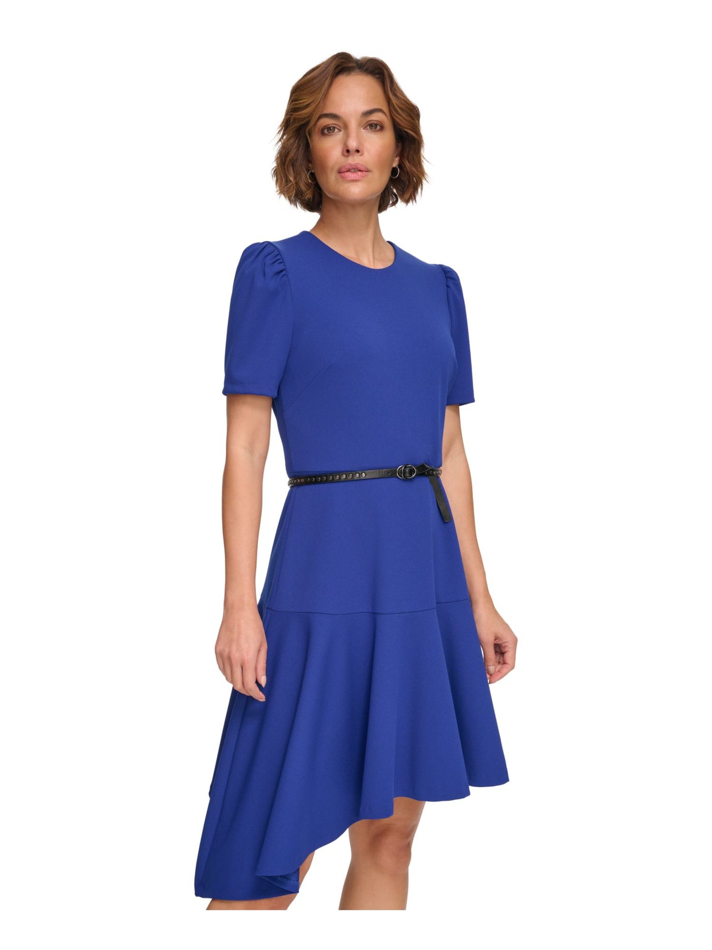 DKNY Womens Blue Zippered Belted Ruffled Asymmetric Hem Short Sleeve Round Neck Below The Knee Party Sheath Dress 12