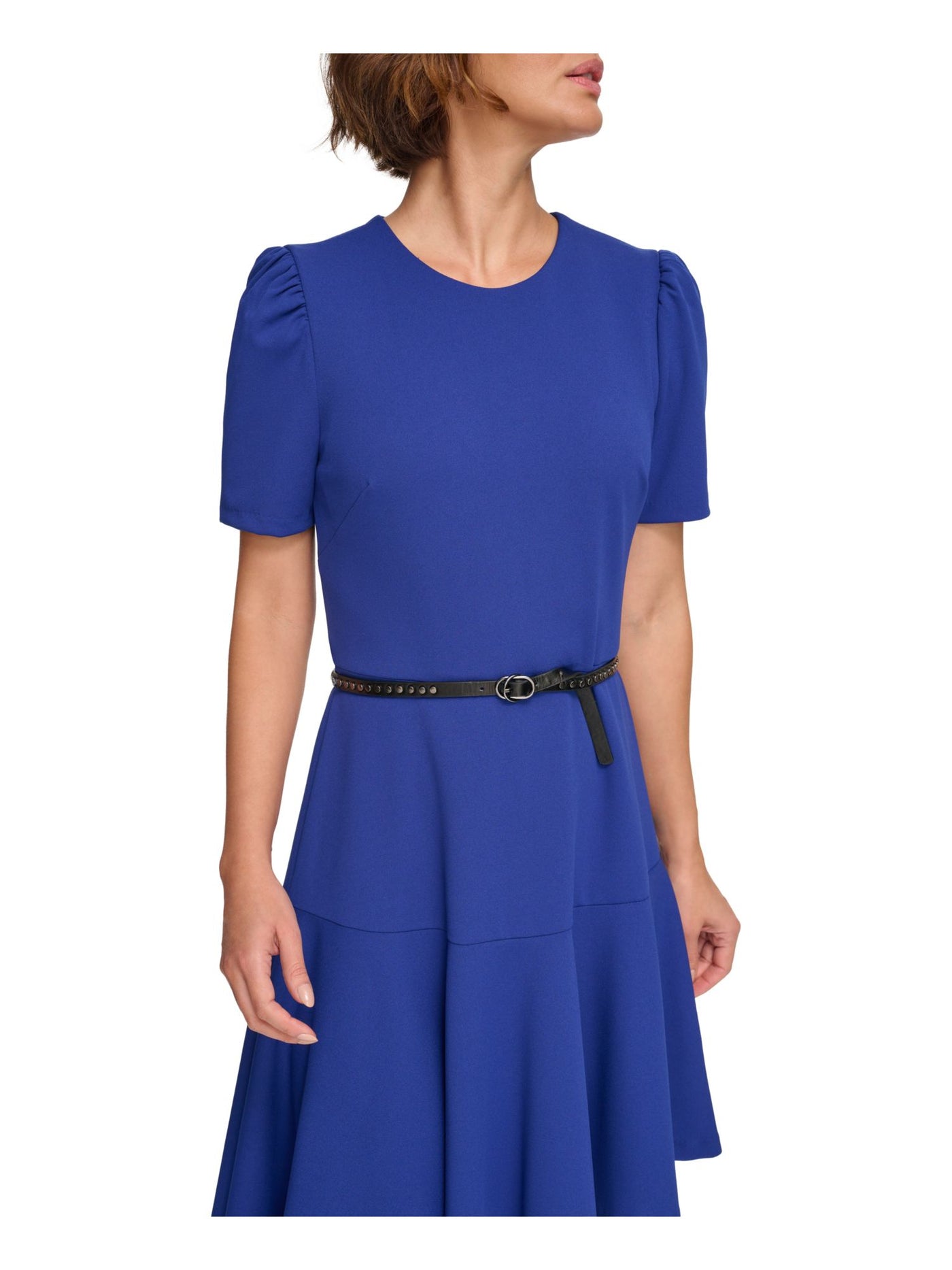 DKNY Womens Blue Zippered Belted Ruffled Asymmetric Hem Short Sleeve Round Neck Below The Knee Party Sheath Dress 2