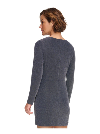 DKNY Womens Blue Ruched Zippered Lined Long Sleeve Surplice Neckline Mini Party Faux Wrap Dress 2