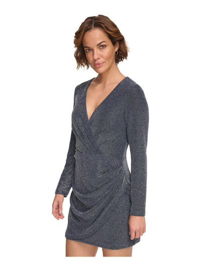 DKNY Womens Blue Ruched Zippered Lined Long Sleeve Surplice Neckline Mini Party Faux Wrap Dress 2