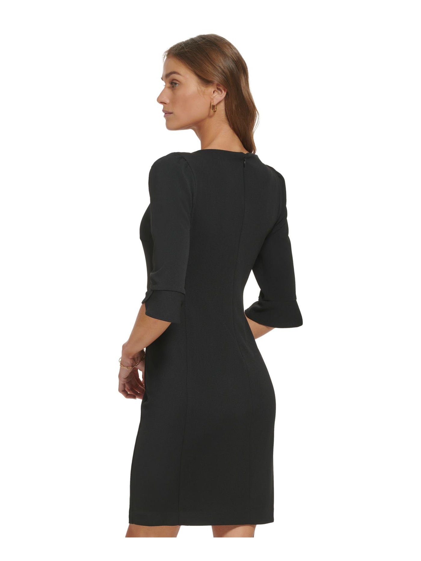 DKNY Womens Black Zippered Unlined Tulip Cuffs Elbow Sleeve Jewel Neck Above The Knee Wear To Work Sheath Dress 10