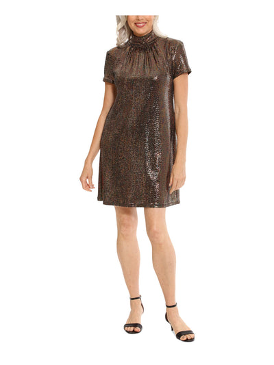 LONDON TIMES Womens Gold Metallic Tie Neck Gathered Unlined Short Sleeve Mock Neck Short Cocktail Shift Dress L