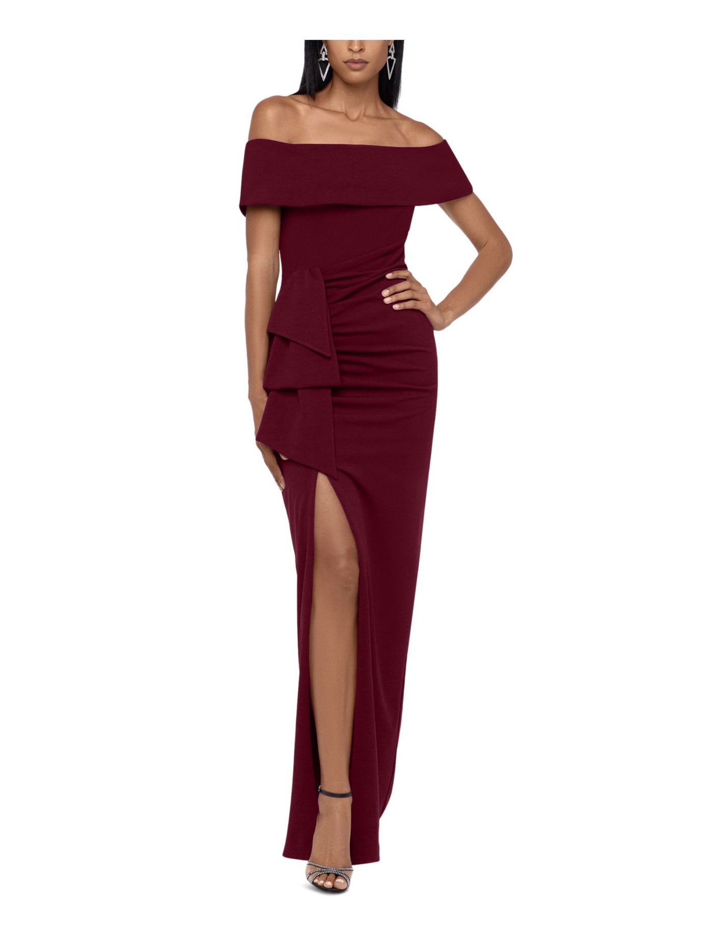 XSCAPE Womens Burgundy Zippered Slitted Lined Ruched Ruffled Short Sleeve Off Shoulder Full-Length Evening Gown Dress 4