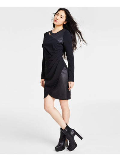 DKNY Womens Black Zippered Cut Out Glazed Jersey Pleated Long Sleeve Crew Neck Short Cocktail Sheath Dress 12