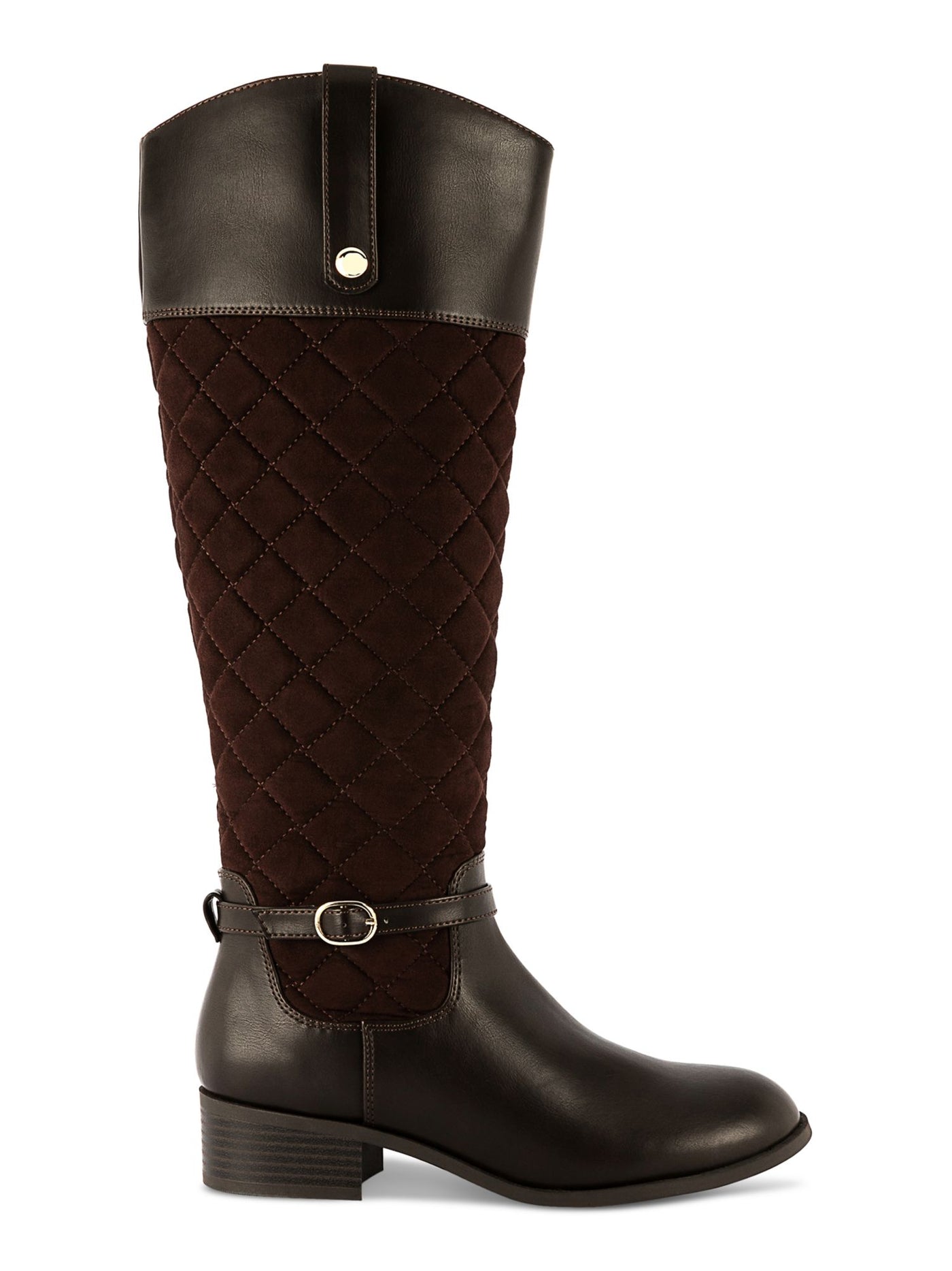 KAREN SCOTT Womens Brown Mixed Media Buckled Strap Side Pull-Tab Quilted Padded Stancee Round Toe Block Heel Zip-Up Riding Boot 8 M