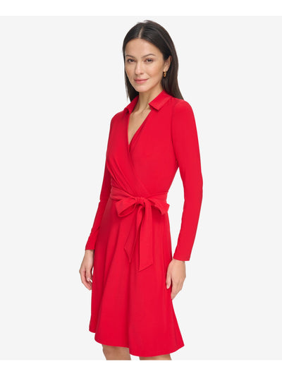 DKNY Womens Red Pleated Zippered Self-tie Belt Long Sleeve Point Collar Above The Knee Wear To Work Faux Wrap Dress 6