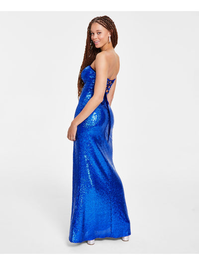 EMERALD SUNDAE Womens Blue Zippered Slitted Wired V-notch Lace-up Back Lined Sleeveless Strapless Full-Length Prom Gown Dress Juniors S