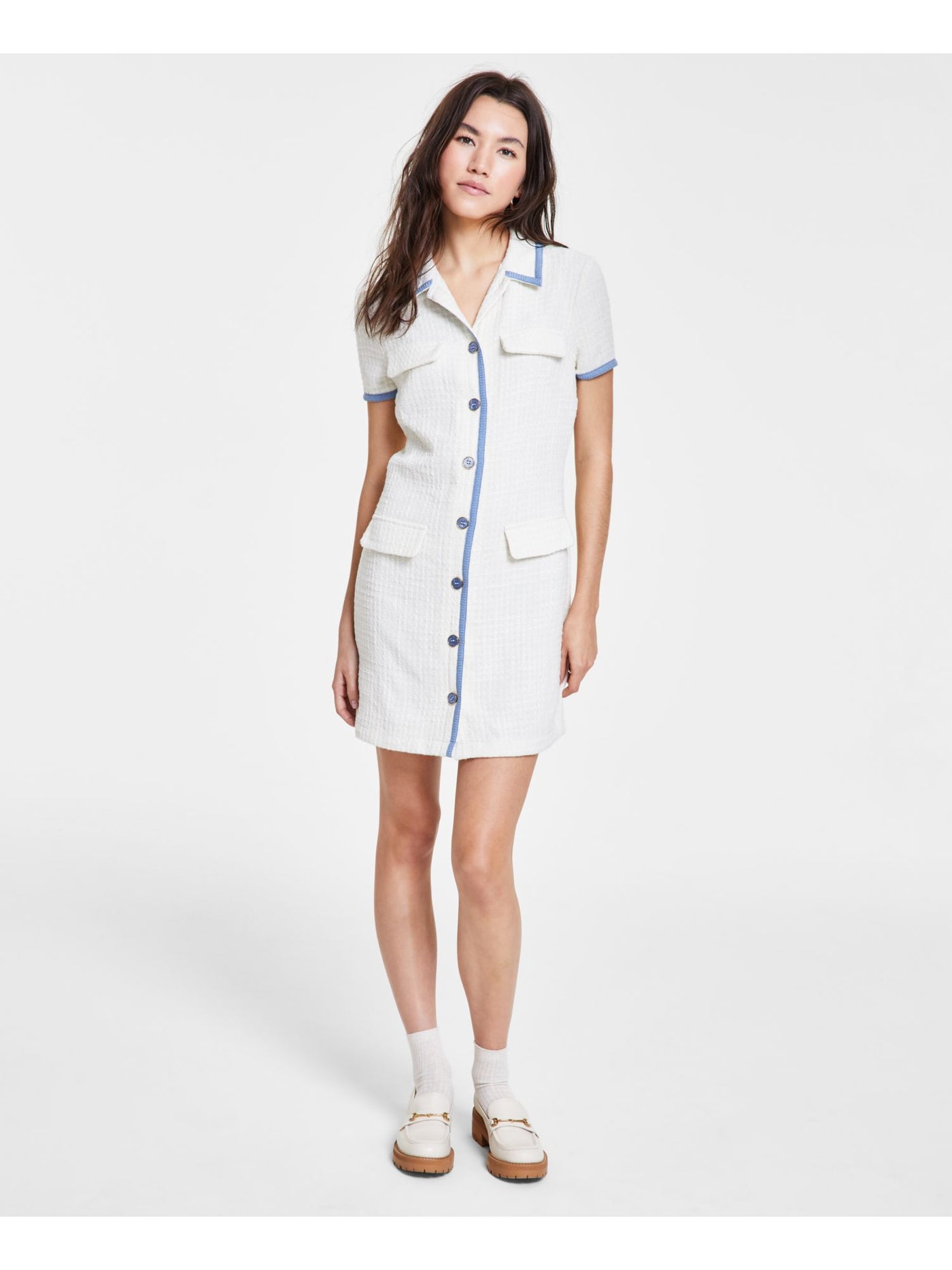 CITY STUDIO Womens Ivory Unlined Faux Pockets Button Down Color Block Short Sleeve Point Collar Short Shirt Dress Juniors XL