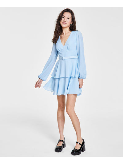 CITY STUDIO Womens Light Blue Zippered Belted Back Keyhole Ruffled Balloon Sleeve V Neck Short Party Fit + Flare Dress Juniors 11\12