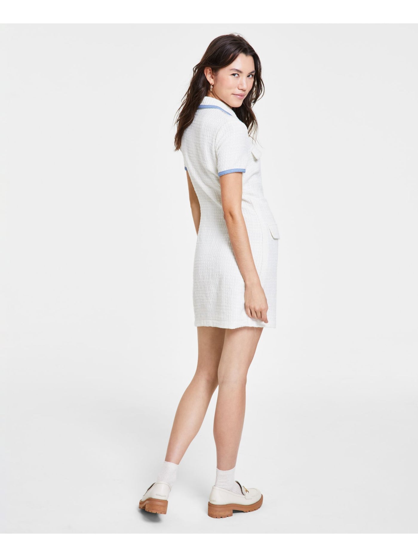 CITY STUDIO Womens Ivory Unlined Faux Pockets Button Down Color Block Short Sleeve Point Collar Short Shirt Dress Juniors XL