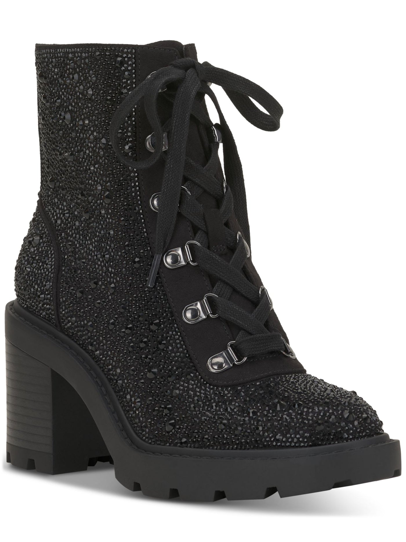 INC Womens Black Lace Up Treaded Lug Sole Rhinestone Shada Round Toe Zip-Up Booties 8.5 M