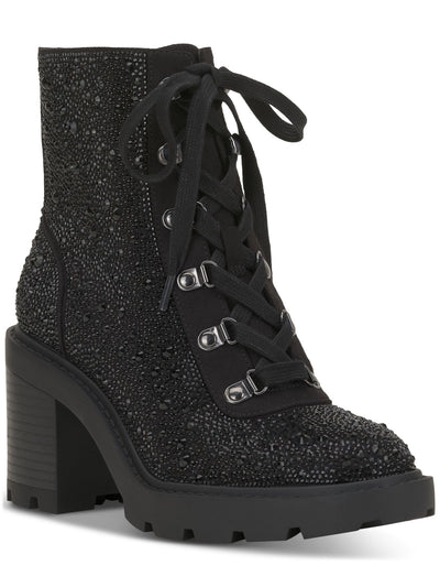 INC Womens Black Lace Up Treaded Lug Sole Rhinestone Shada Round Toe Zip-Up Booties 8.5 M