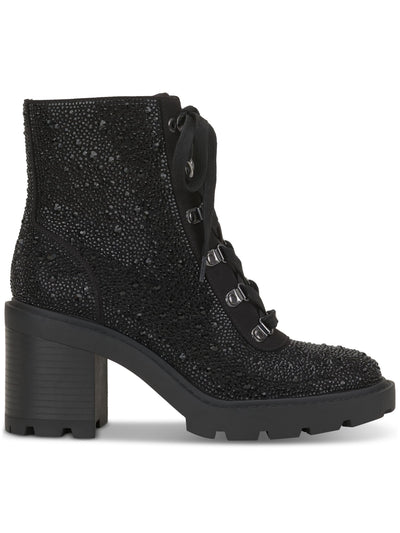 INC Womens Black Lace Up Treaded Lug Sole Rhinestone Shada Round Toe Zip-Up Booties 8.5 M