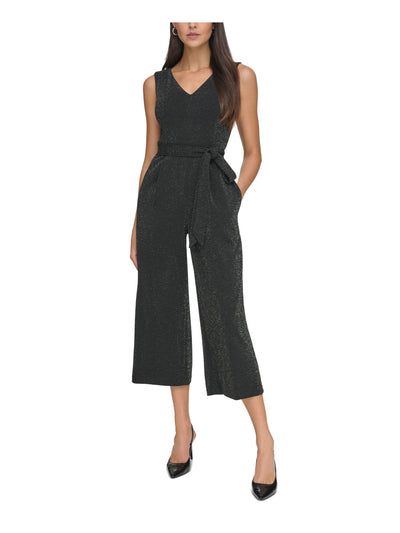 CALVIN KLEIN Womens Black Zippered Pocketed Pleated Tie-belt Cropped Sleeveless V Neck Wear To Work Straight leg Jumpsuit 16