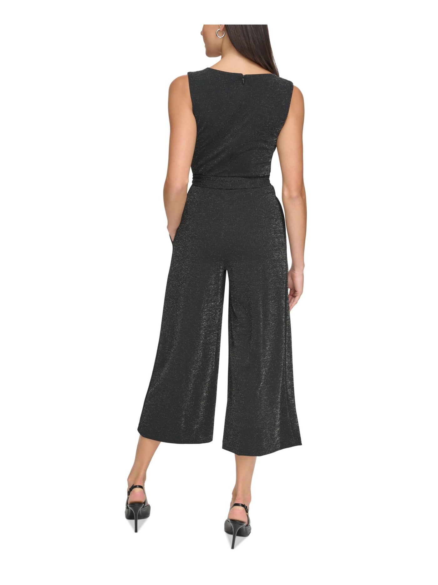 CALVIN KLEIN Womens Black Zippered Pocketed Pleated Tie-belt Cropped Sleeveless V Neck Wear To Work Straight leg Jumpsuit 8