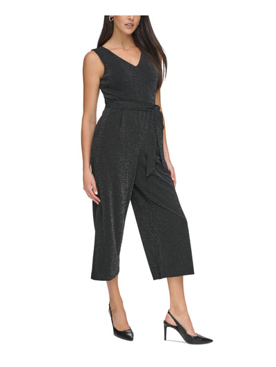 CALVIN KLEIN Womens Black Zippered Pocketed Pleated Tie-belt Cropped Sleeveless V Neck Wear To Work Straight leg Jumpsuit 16