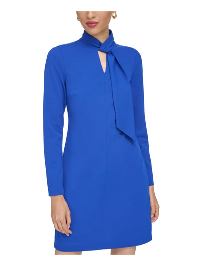 CALVIN KLEIN Womens Blue Pleated Lined Faux-tie Neck Long Sleeve Keyhole Above The Knee Party Shift Dress 12