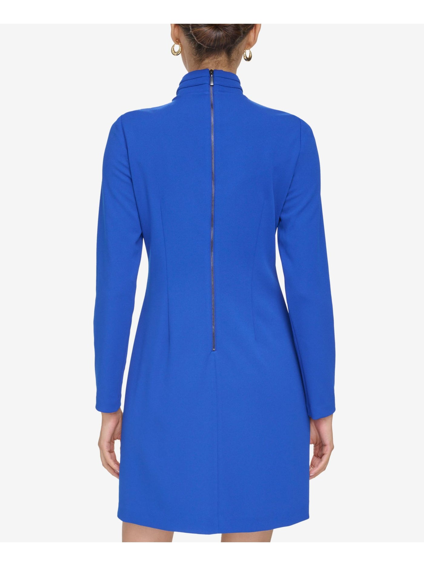 CALVIN KLEIN Womens Blue Pleated Lined Faux-tie Neck Long Sleeve Keyhole Above The Knee Party Shift Dress 6