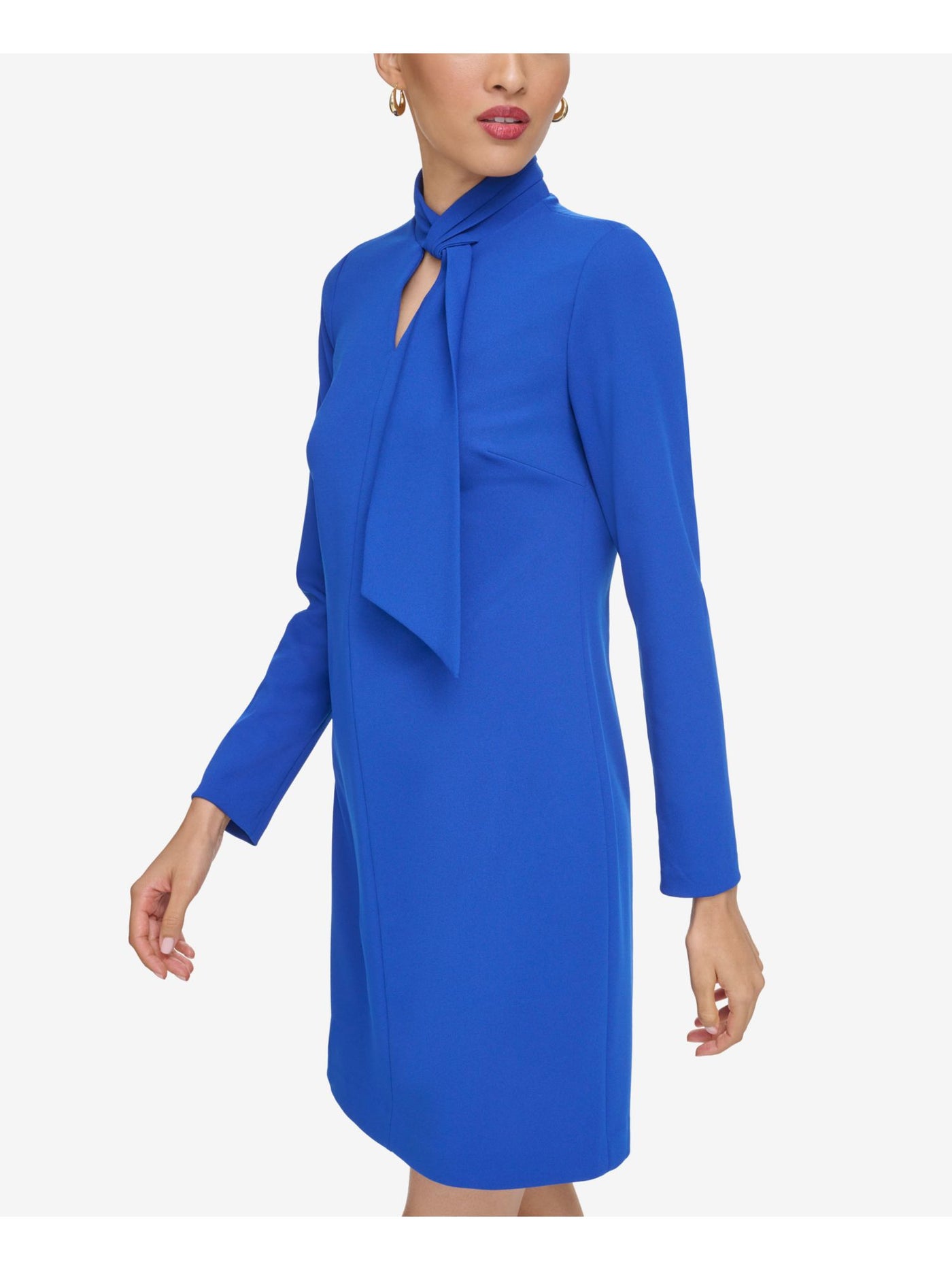 CALVIN KLEIN Womens Blue Pleated Lined Faux-tie Neck Long Sleeve Keyhole Above The Knee Party Shift Dress 12