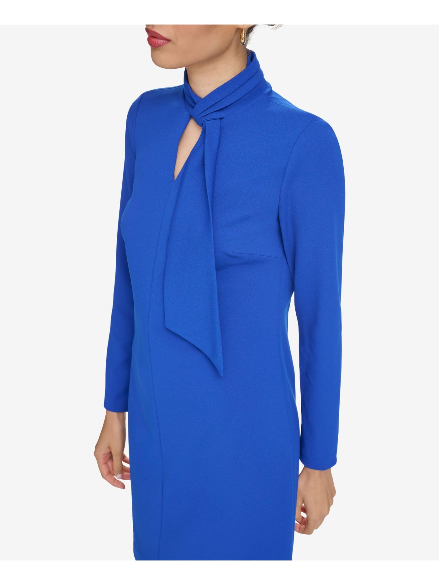 CALVIN KLEIN Womens Blue Pleated Lined Faux-tie Neck Long Sleeve Keyhole Above The Knee Party Shift Dress 10