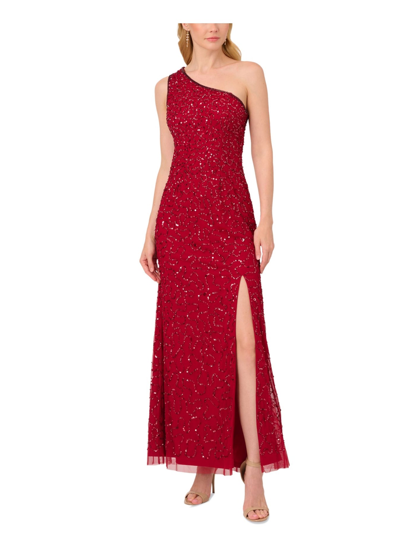 PAPELL STUDIO Womens Red Mesh Zippered Lined High Slit Sleeveless Asymmetrical Neckline Full-Length Evening Gown Dress 2