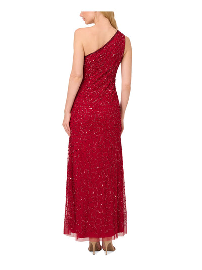 PAPELL STUDIO Womens Red Mesh Zippered Lined High Slit Sleeveless Asymmetrical Neckline Full-Length Evening Gown Dress 2