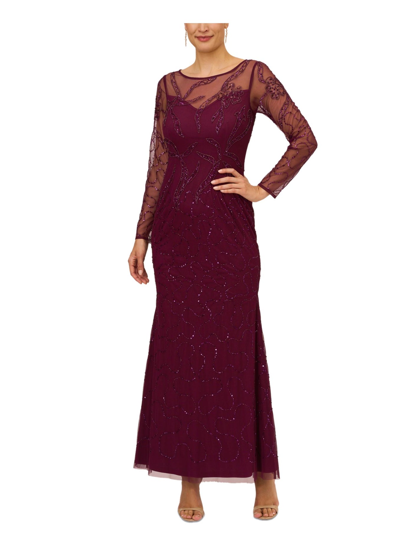 PAPELL STUDIO Womens Purple Beaded Zippered Lined Long Sleeve Boat Neck Full-Length Formal Gown Dress 10