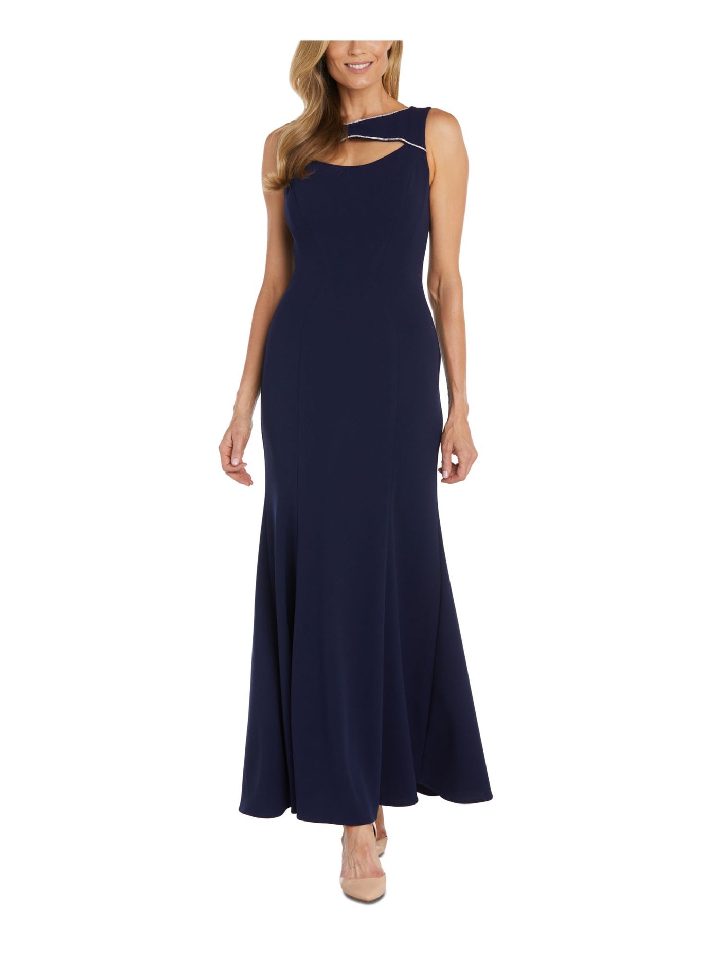 NIGHTWAY Womens Navy Cut Out Embellished Zippered Lined Sleeveless Round Neck Full-Length Formal Gown Dress 8