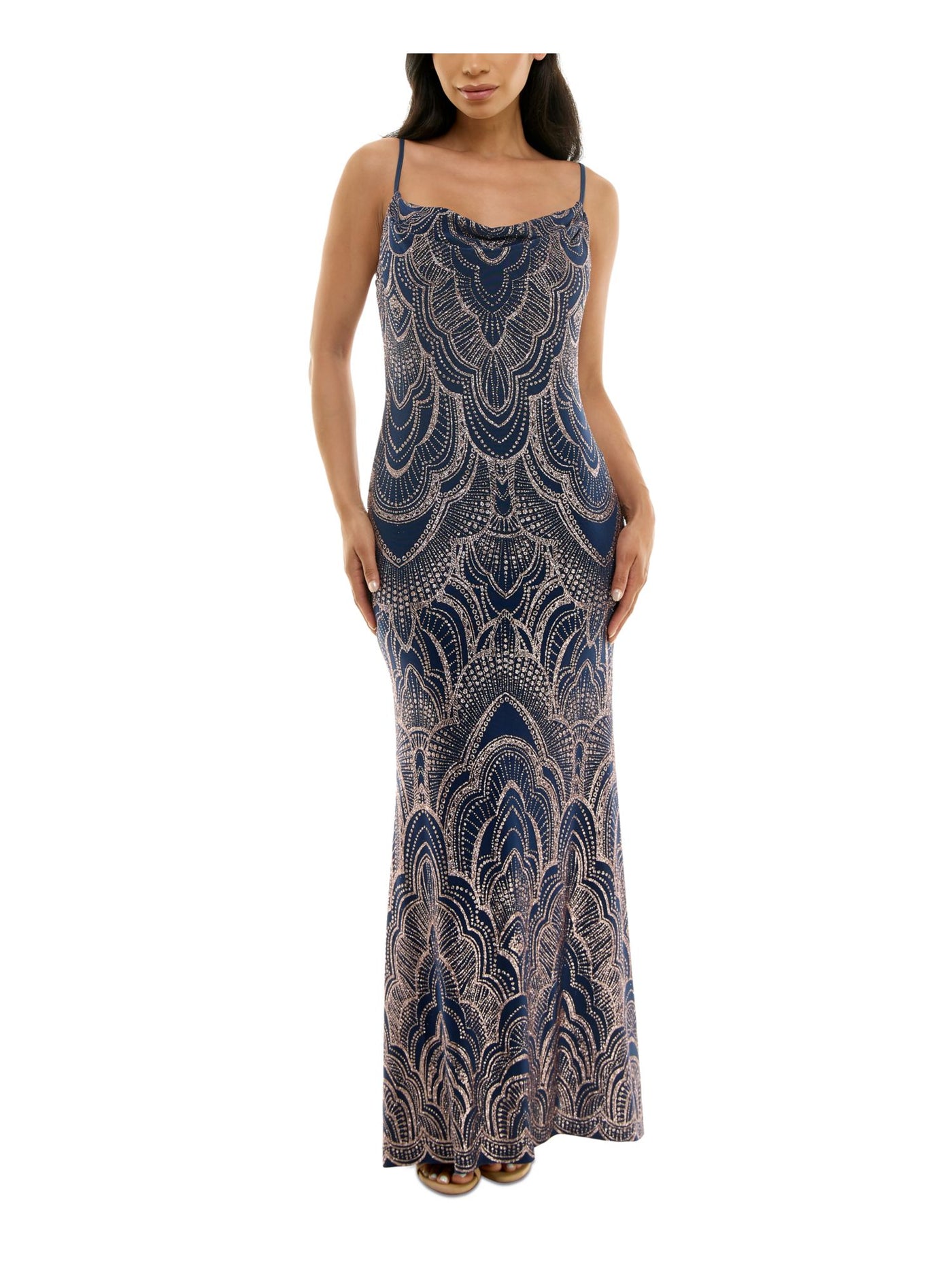 JUMP APPAREL Womens Navy Glitter Lined Pull On Spaghetti Strap Cowl Neck Full-Length Evening Gown Dress Juniors 3\4