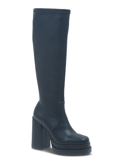 WILD PAIR Womens Black 1-1/2" Platform Padded Stretch Olyvia Square Toe Block Heel Zip-Up Heeled Boots 9 M