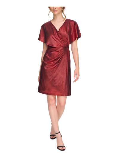 KENSIE DRESSES Womens Red Lined Pleated V-back With Tie Flutter Sleeve Surplice Neckline Above The Knee Cocktail Sheath Dress 0